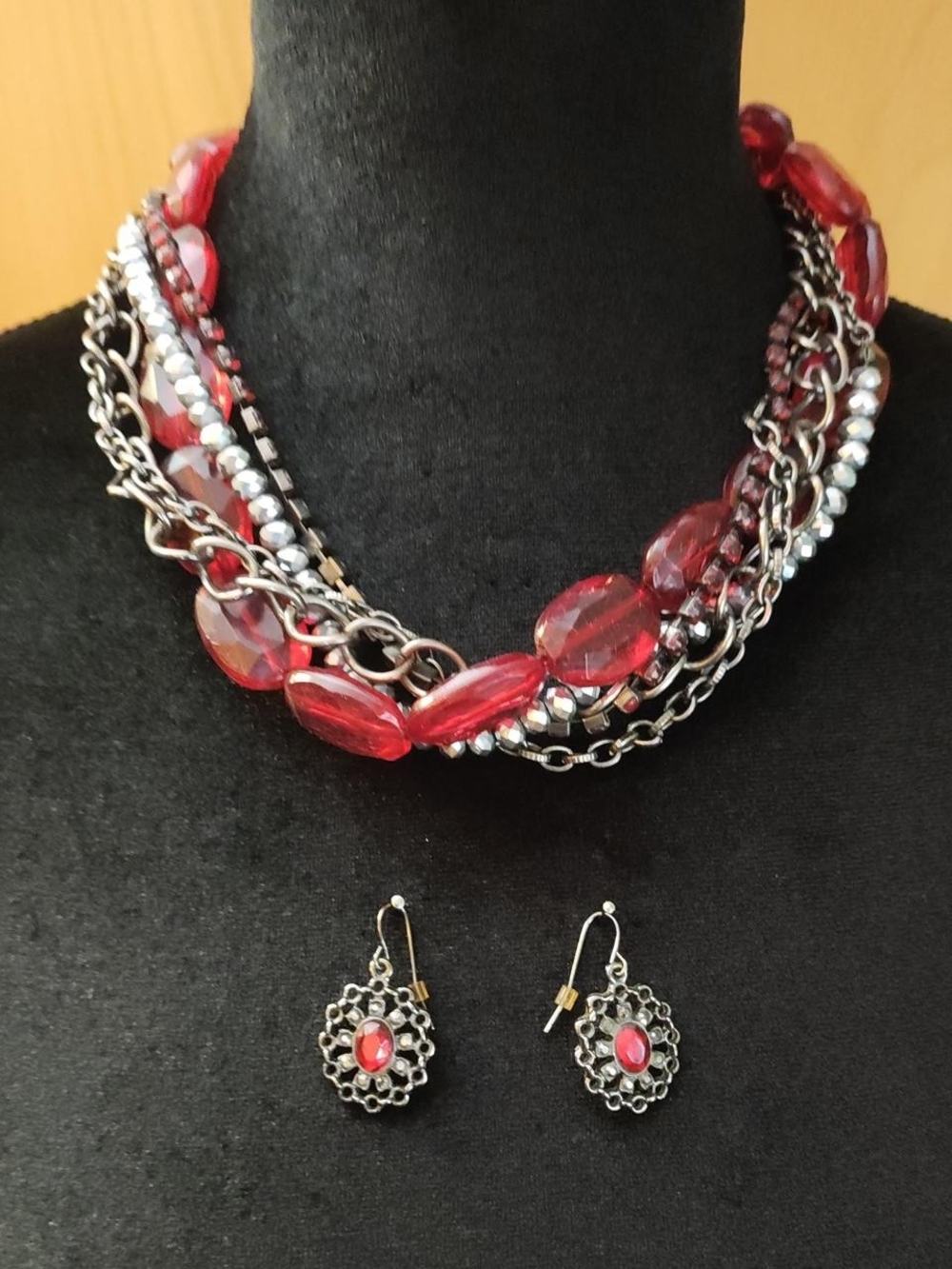 Christopher & Banks Red Multi-Strand Necklace with Matching Drop Earrings